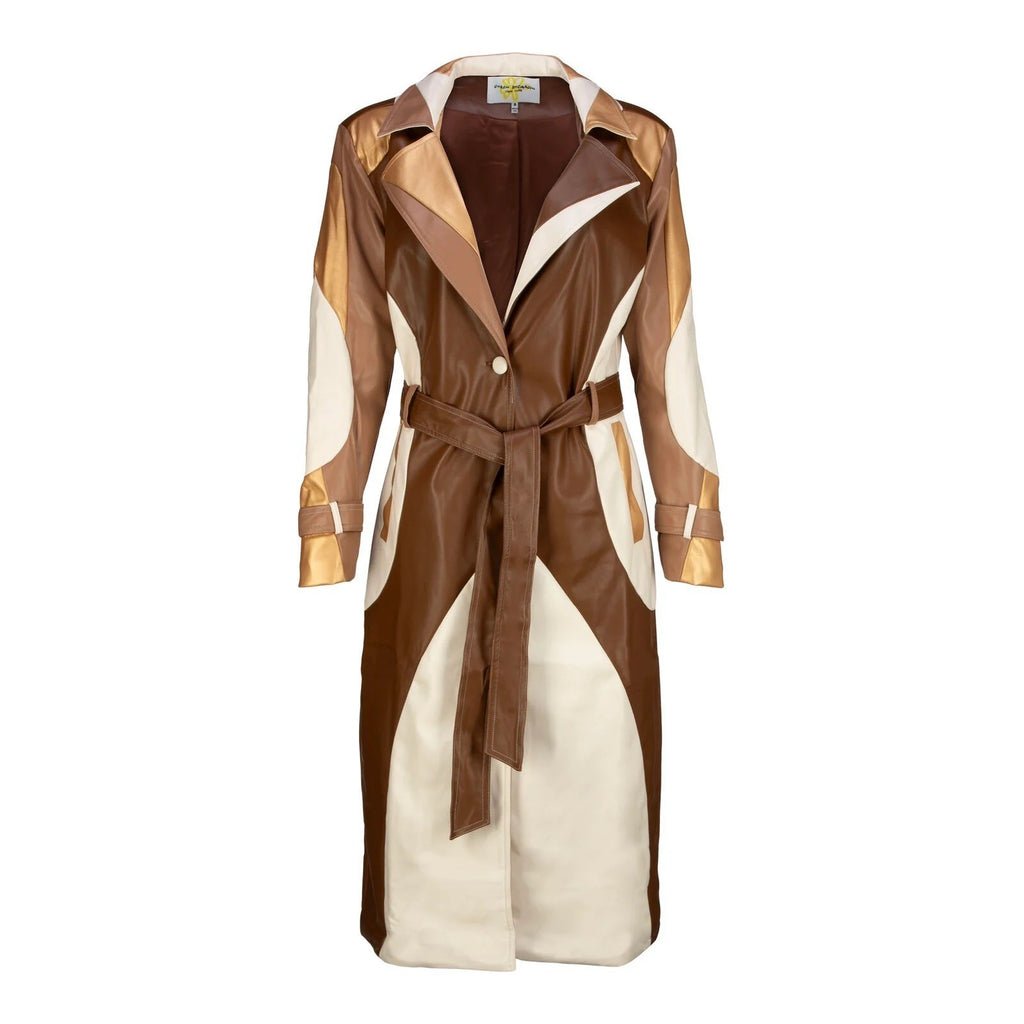 COLIN LOCASCIO Francine Patchwork Trench Coat Vegan Leather Belted Retro Small