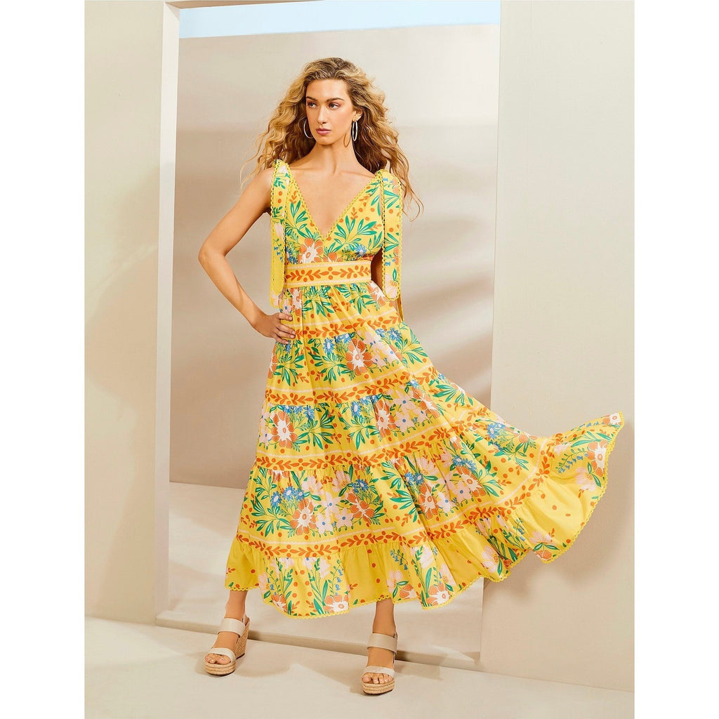 NWT!! CHELSEA & VIOLET Cecily Maxi Dress Yellow Floral Vacation Tiered X-Small