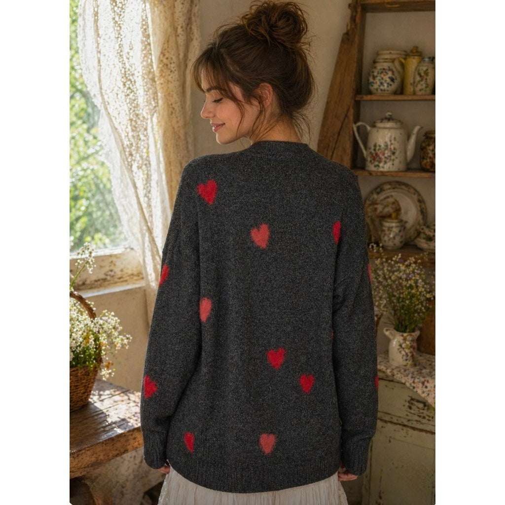 NWT!! CELEBRATE TOGETHER Heart Cardigan Sweater Grey Pink Red Hearts Large