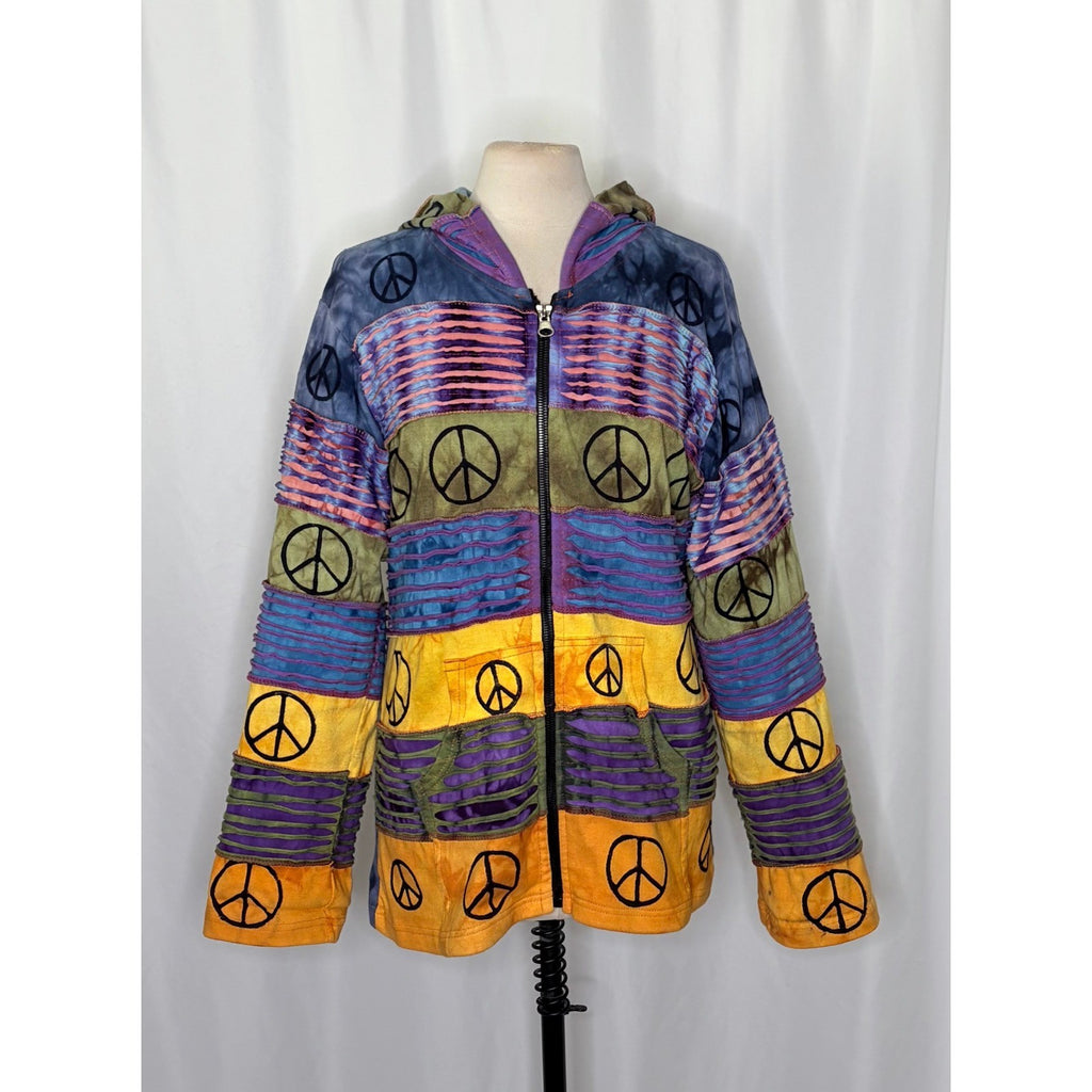 RISING INTERNATIONAL Hooded Peace Sign Tie Dye Jacket Hood Colorful X-Large