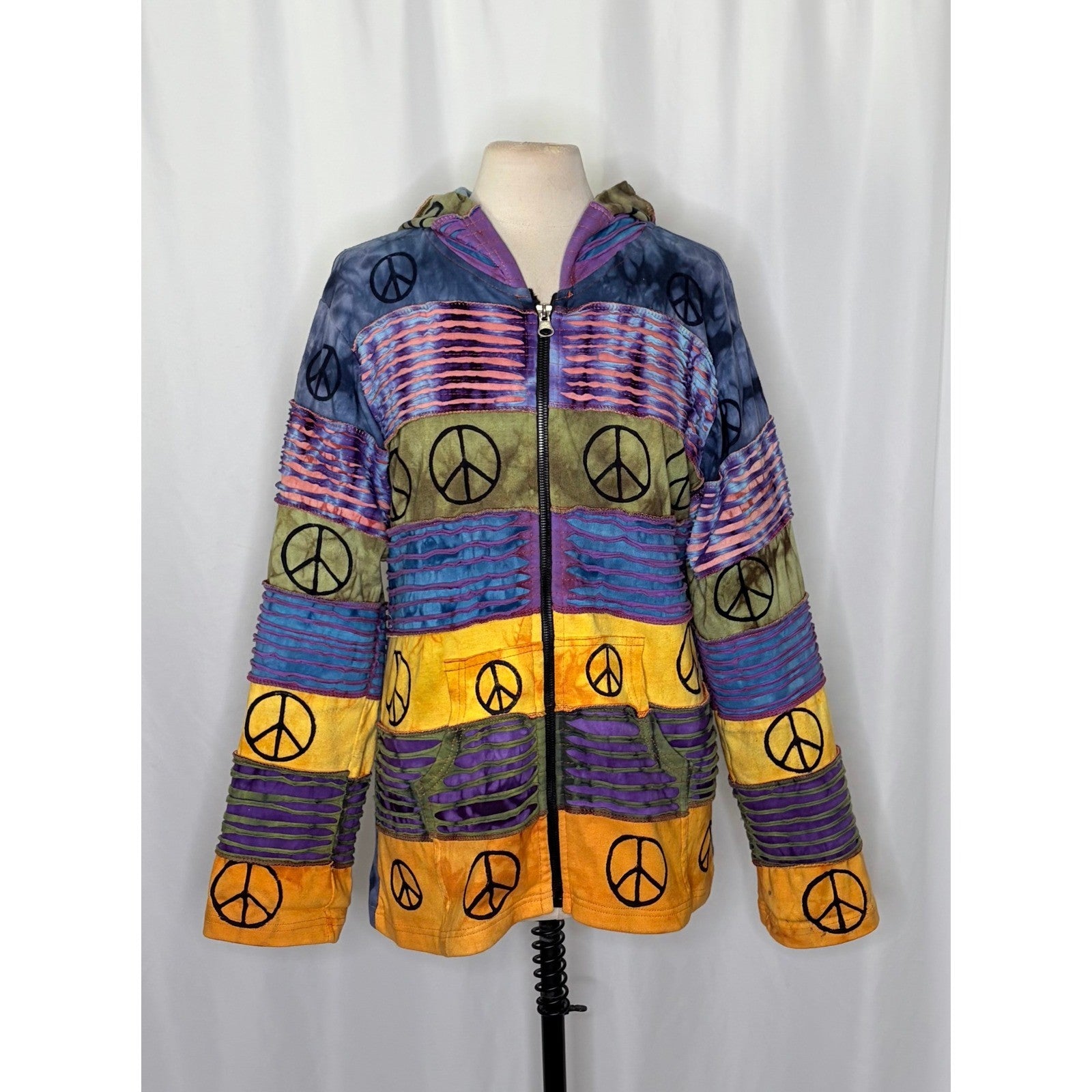 RISING INTERNATIONAL Hooded Peace Sign Tie Dye Jacket Hood Colorful X-Large