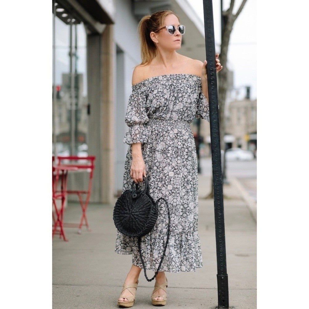 MISA Los Angeles Floral Smocked Midi Dress Black Gray Pink Off Shoulder X-Small