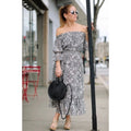 MISA Los Angeles Floral Smocked Midi Dress Black Gray Pink Off Shoulder X-Small