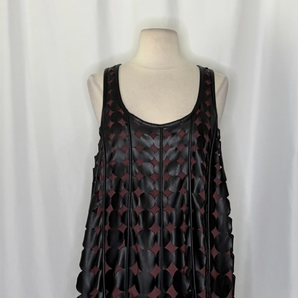 Anthropologie MAEVE Faux Leather Sleeveless Swing Dress Black Circles Mini Small