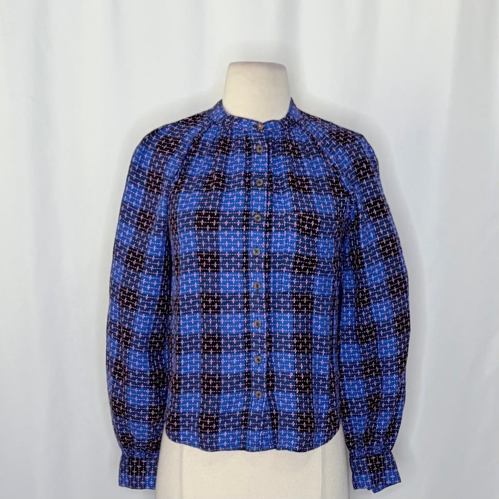 Anthropologie PILCRO Embroidered Plaid Buttondown Blue Pink Plaid Pocket X-Small