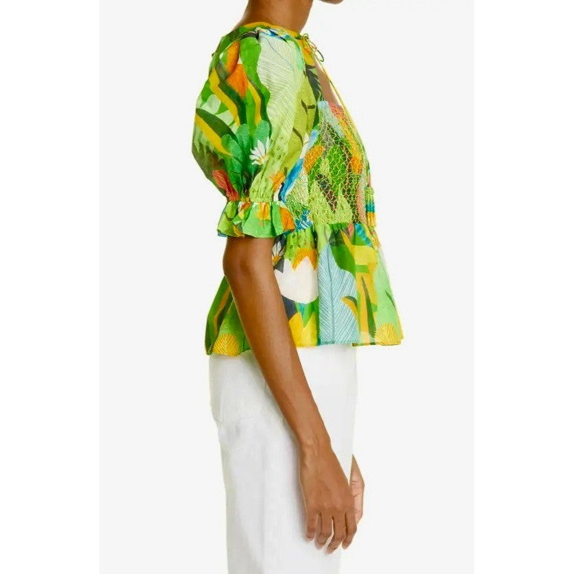 NEW!! FARM RIO Vintage Toucans Smocked Peplum Top Blouse Tropical Small
