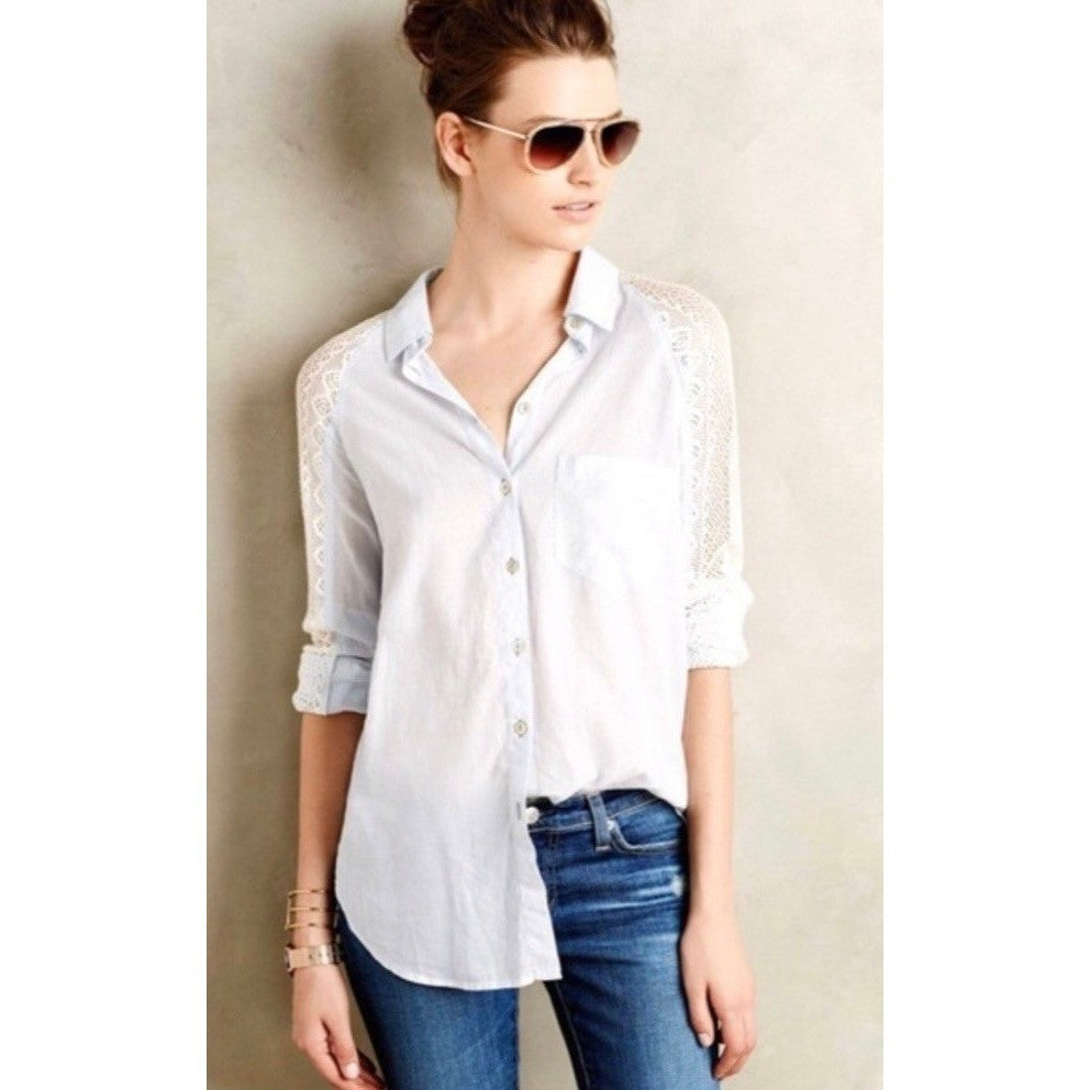 Anthropologie HOLDING HORSES White Lace Sleeve Buttondown Shirt Top Lacey Small