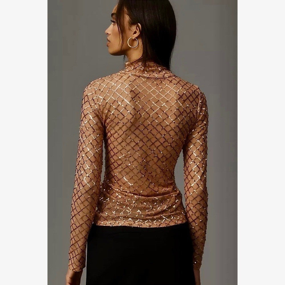 NWT!! Anthropologie PILCRO Turtleneck Sequin Top Shirt Bronze Party Glam X-Small