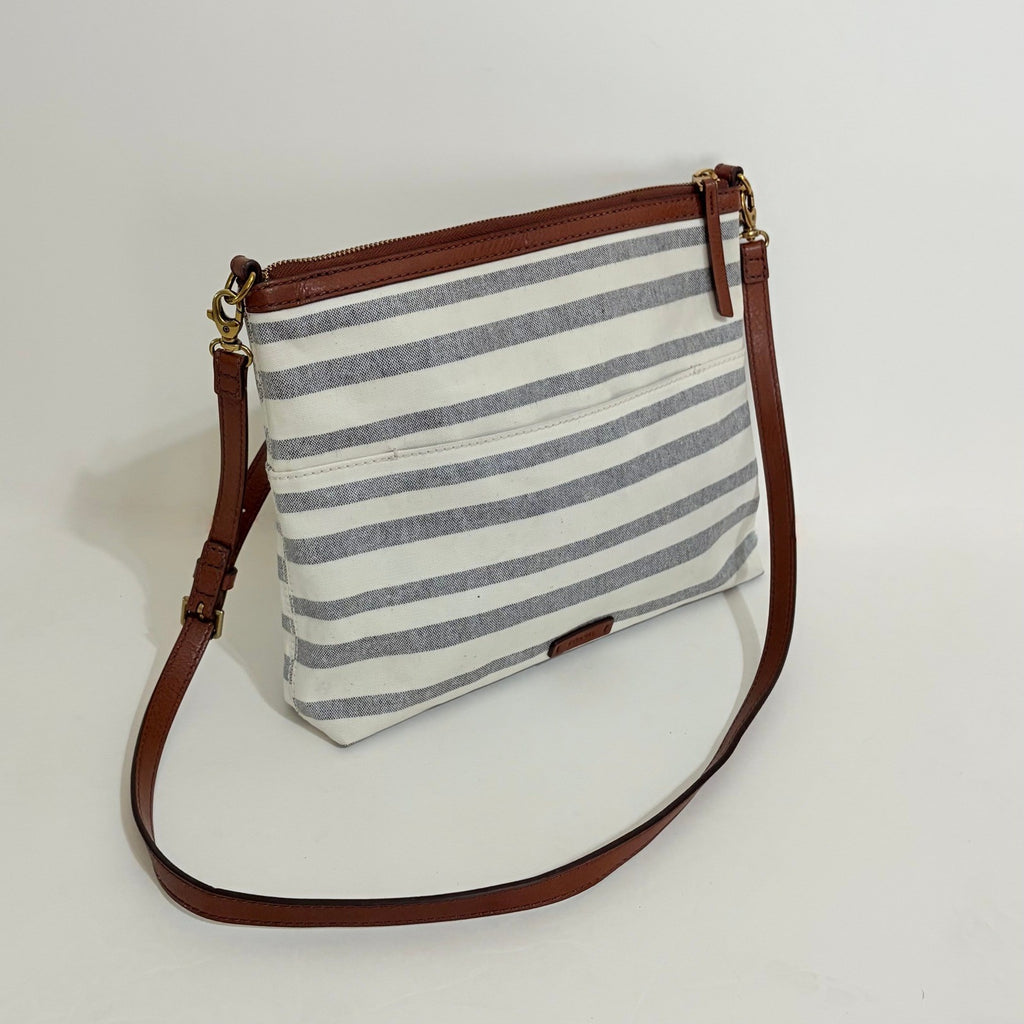 FOSSIL Fiona Blue WhiteStripe Large Crossbody Bag Purse Brown Faux Leather