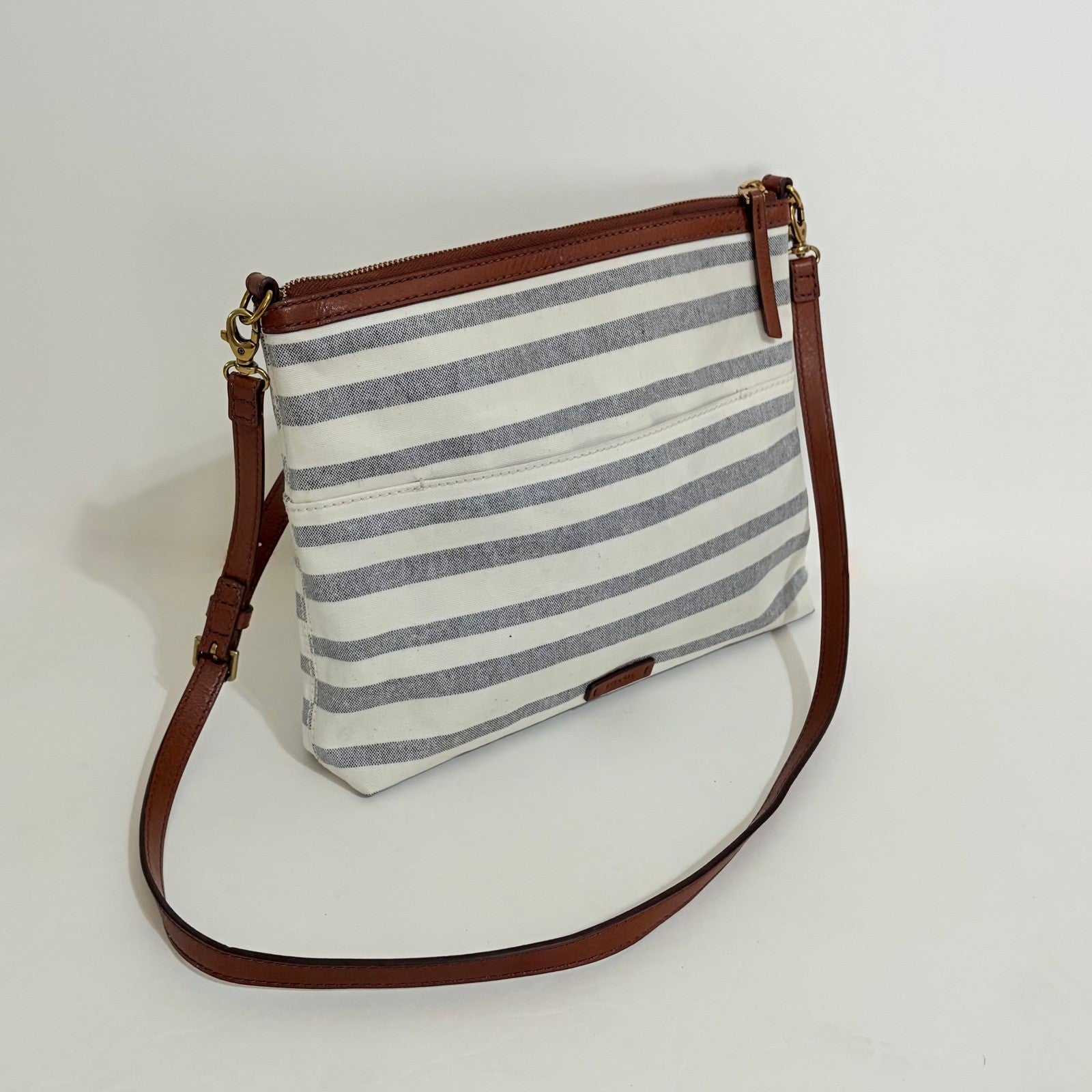 FOSSIL Fiona Blue WhiteStripe Large Crossbody Bag Purse Brown Faux Leather