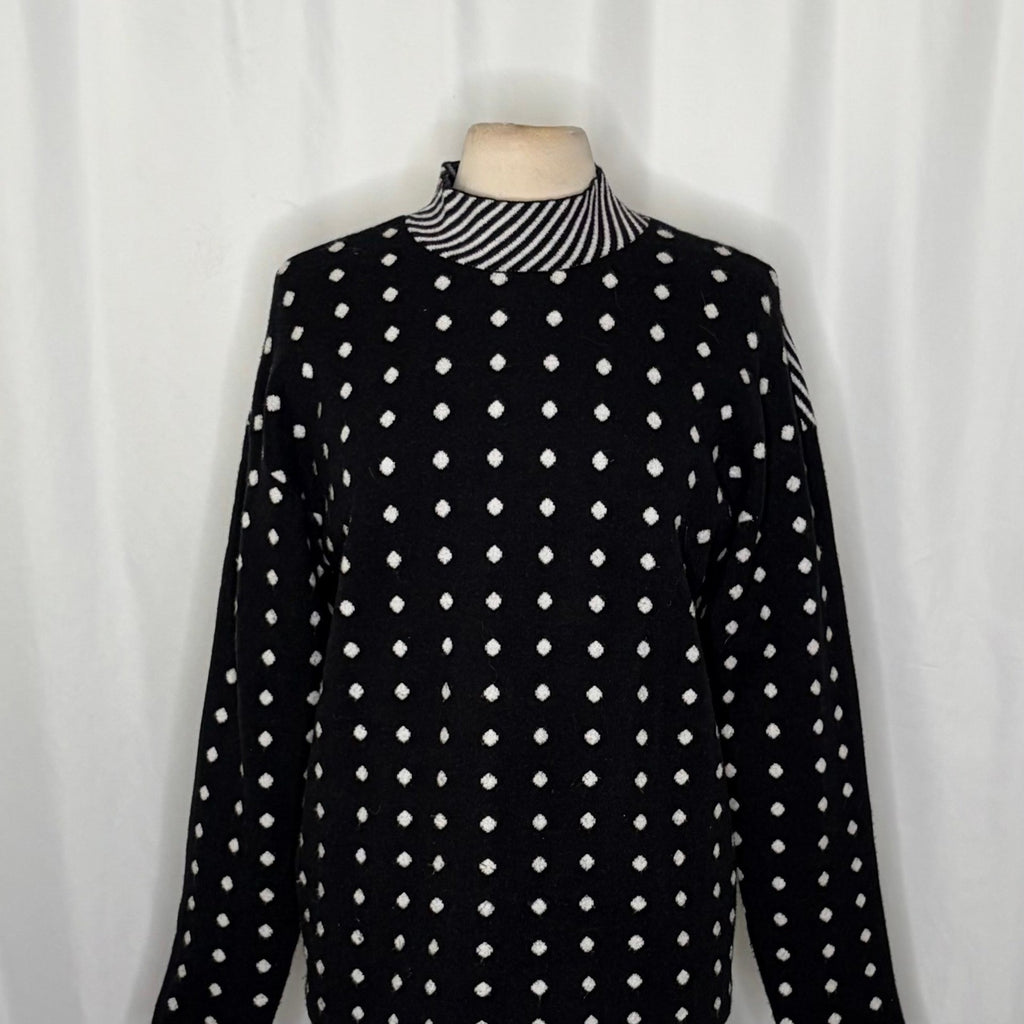 By ANTHROPOLOGIE Lizzie Mock Neck Sweater Black White Polka Dot Striped Large