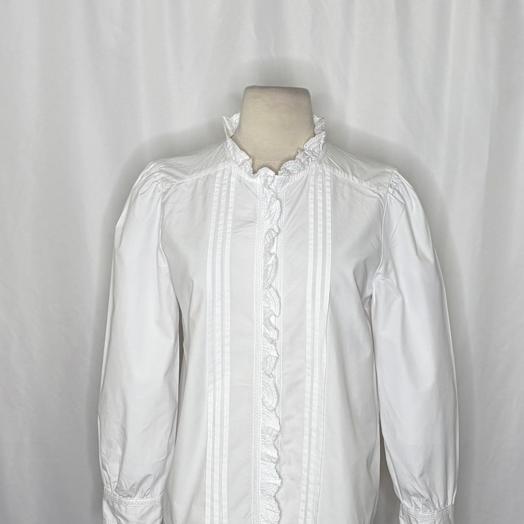 SUNDANCE White Pleated Embroidered Ruffled Buttondown Top Blouse Petite Small