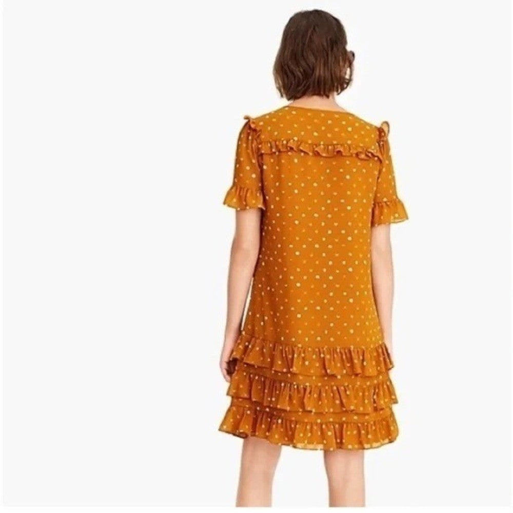 J. CREW Point Sur Ruffled Crinkle Polka Dot Dress Warm Caramel Party Size 2