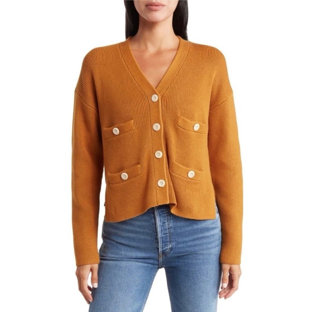 ALEX MILL Jo Ribbed Cardigan Sweater Caramel Brown Buttons Pockets Medium