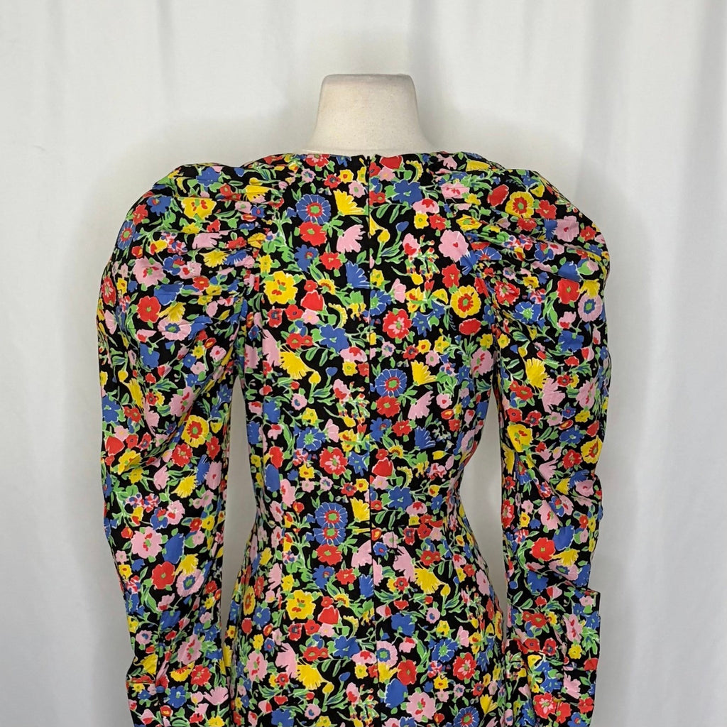 ZARA Bright Floral Mini Dress Statement Puffed Sleeves Spring Summer Black Small