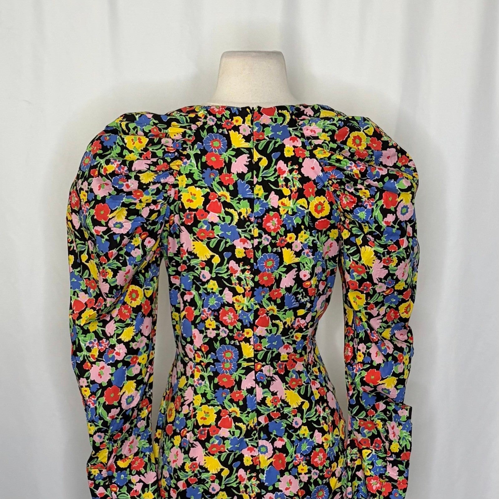 ZARA Bright Floral Mini Dress Statement Puffed Sleeves Spring Summer Black Small