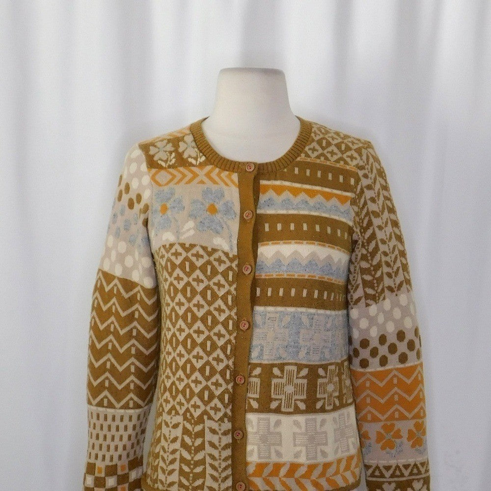 GUDRUN SJODEN Floral Patchwork Cardigan Sweater Wool Buttons Retro X-Small