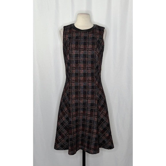 CLASSIQUES ENTIER Stella Tweed A-Line Fit N' Flare Dress Leather Wool Plaid 8