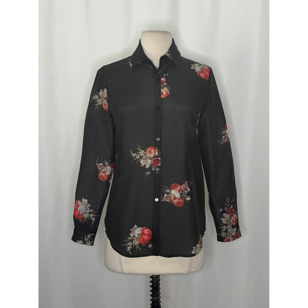 THE KOOPLES Silk Blend Black Floral Buttondown Top Blouse Button Down 0 / XS