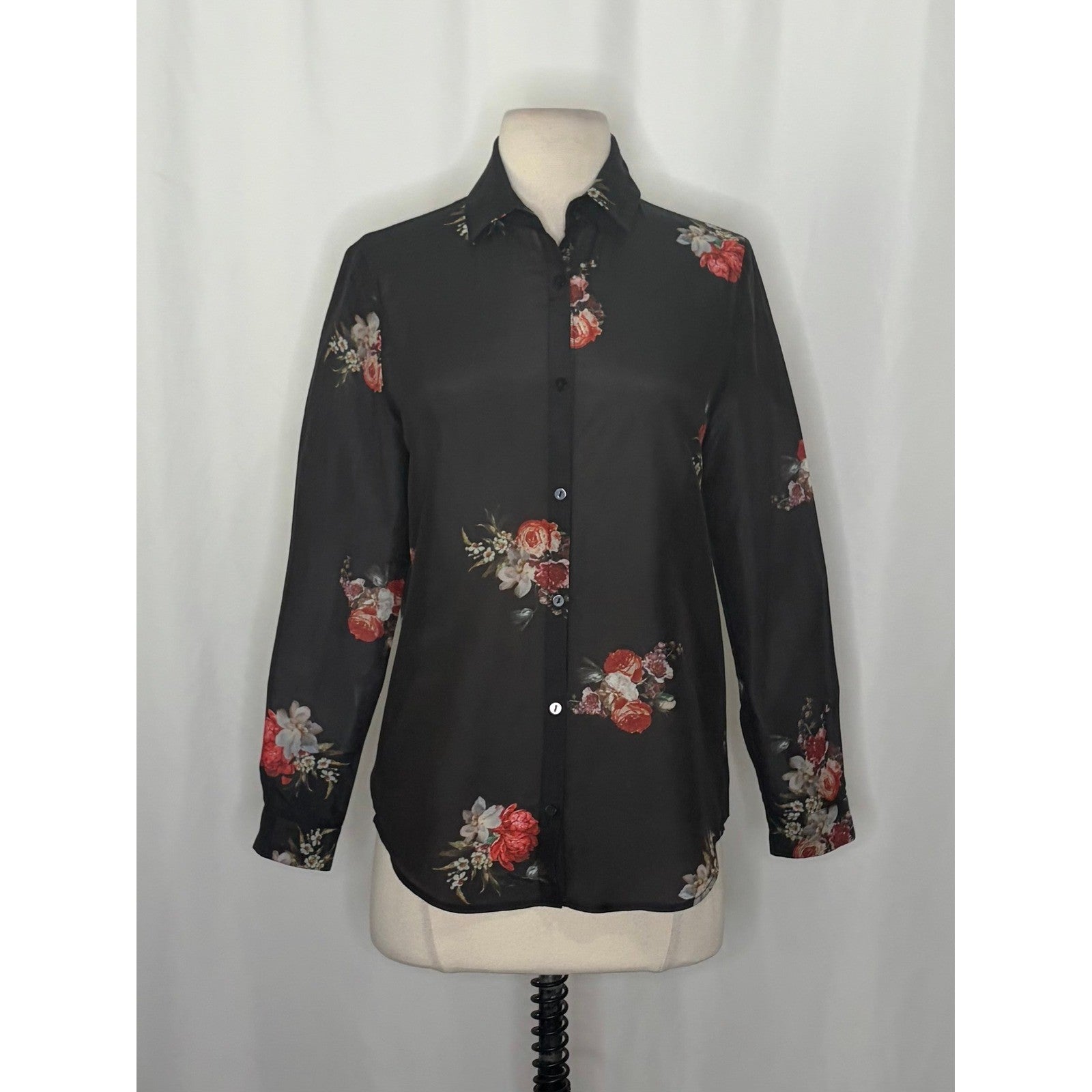 THE KOOPLES Silk Blend Black Floral Buttondown Top Blouse Button Down 0 / XS