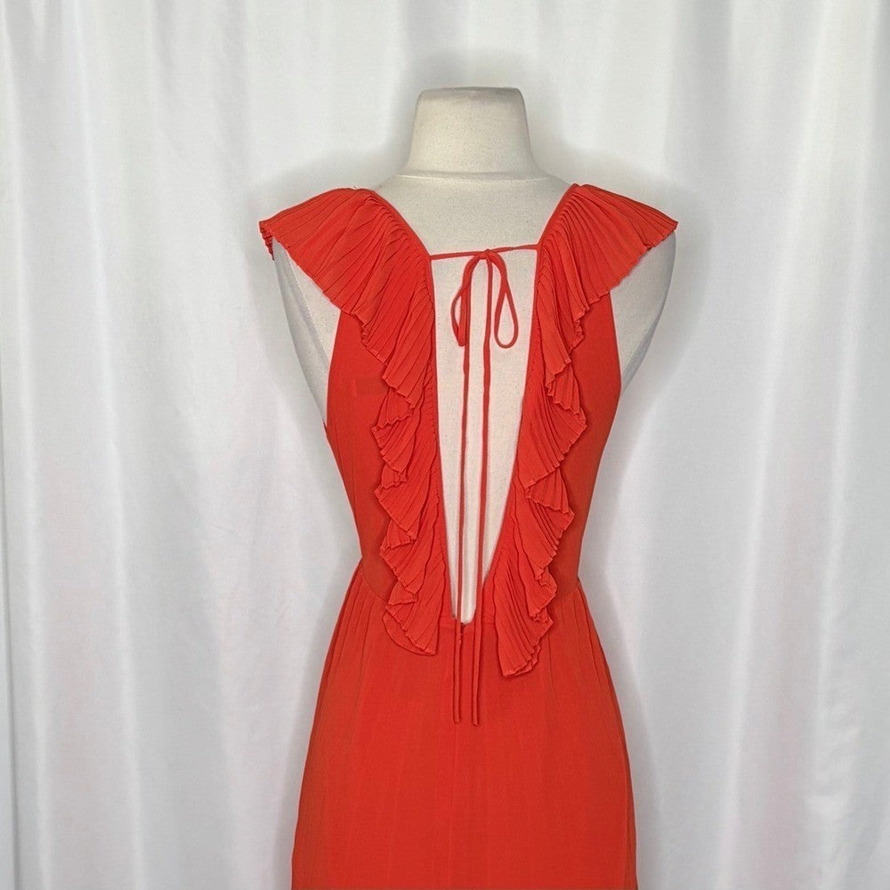 ZARA Pleated Ruffled Red Maxi Dress Plunge V Neckline Valentine 2731/060 Medium