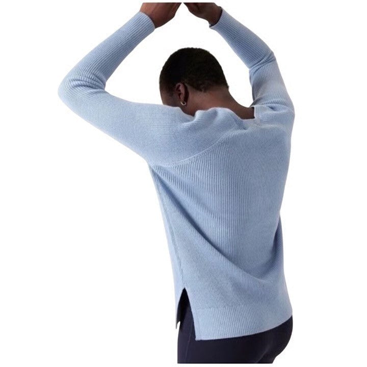 ATHLETA Hanover Refined Merino Wool V-Neck Sweater Solid Heron Blue Knit Small