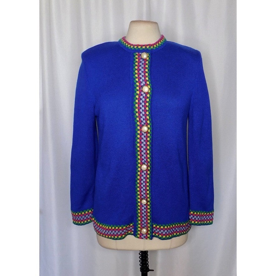 Vintage CASTLEBERRY Colorful Knit Cardigan Blazer Checkerboard Union Made Size 8
