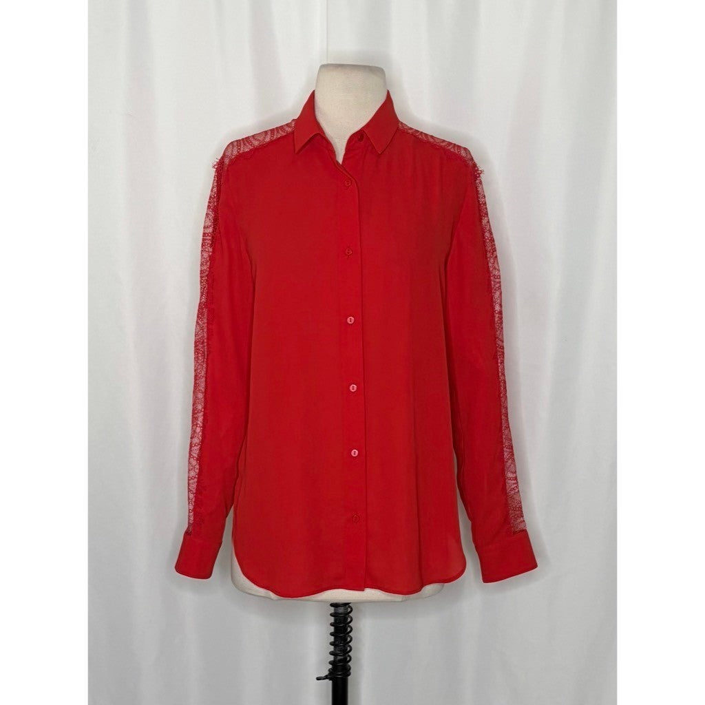 NWT!! THE KOOPLES Red Crepe Lace Shirt Blouse Buttondown Valentine Solid X-Small