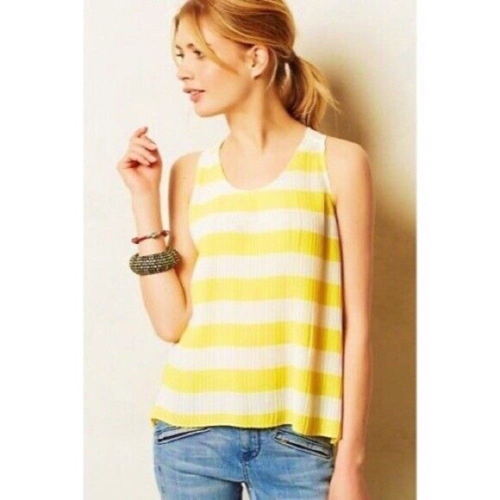 Anthropologie MAEVE Citron Stripe Pleated Tank Top Blouse Swingy Yellow Size 8