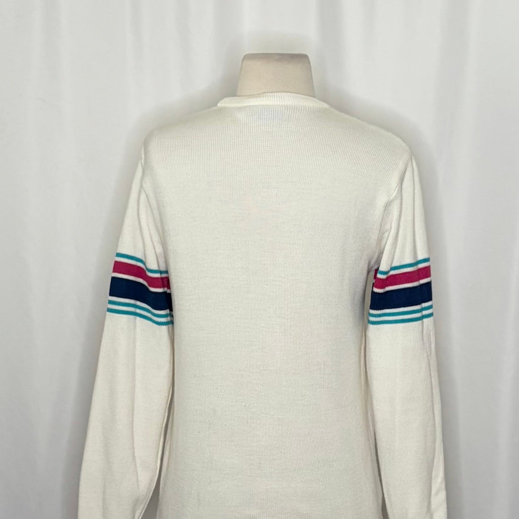 Vintage MEISTER White Stripe Sleeves Sweater Pullover Knit Sporty Outdoors Small