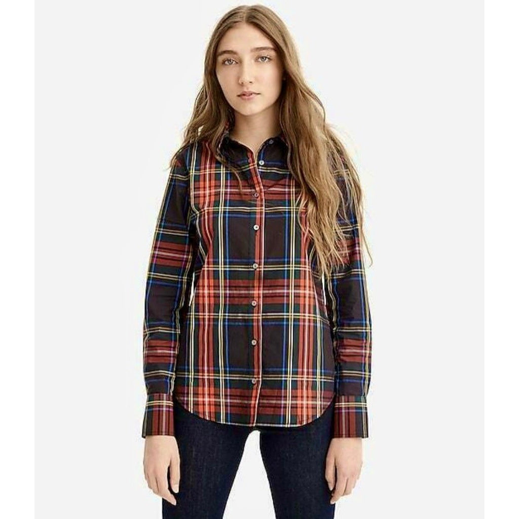 J. CREW Slim Stretch Perfect Shirt Top Black Stewart Tartan Plaid Buttons Size 4