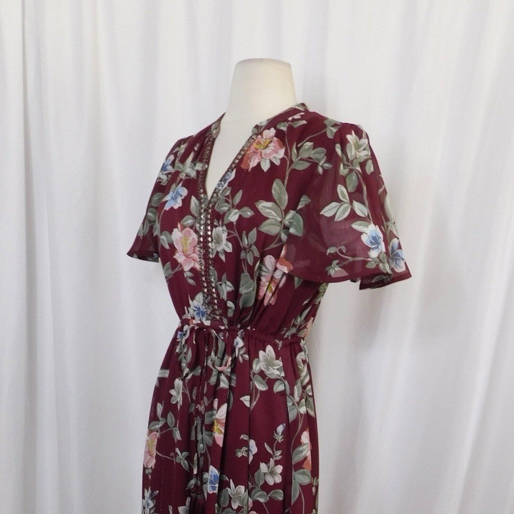 TOMMY BAHAMA Painted Petal Midi Floral Dress Metallic Embellished Beads X-Small