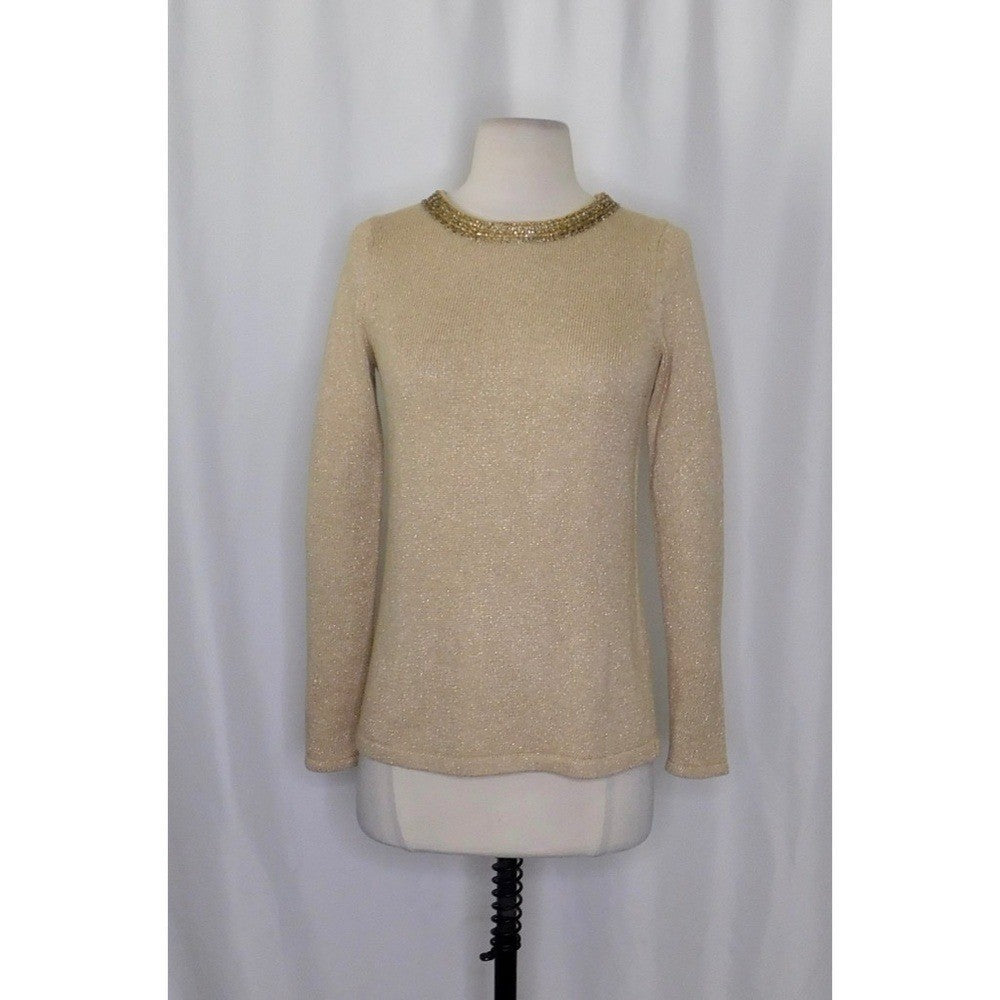 J. MCLAUGHLIN Metallic Gold Beaded Neckline Pullover Sweater Beading X-Small