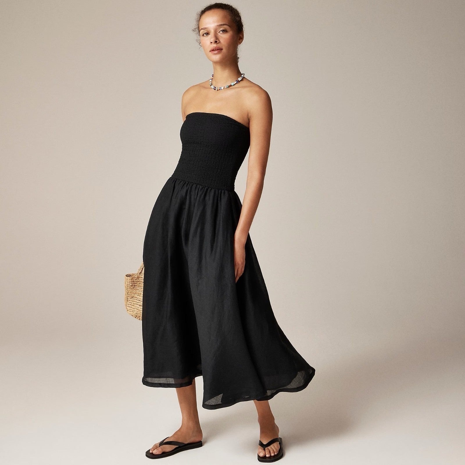 NWT!! J. CREW Strapless Mixy Dress Solid Black Midi Textured Preppy Medium