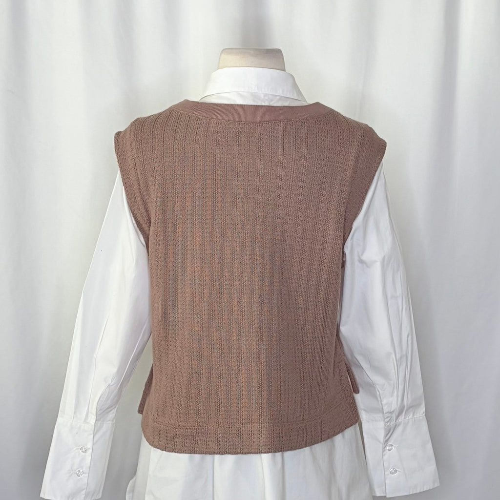 By ANTHROPOLOGIE Twofer Sweater Vest Shirt Blouse Layered Brown White X-Small