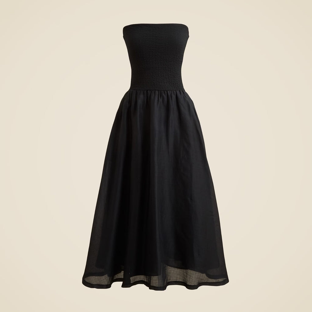 NWT!! J. CREW Strapless Mixy Dress Solid Black Midi Textured Preppy Medium