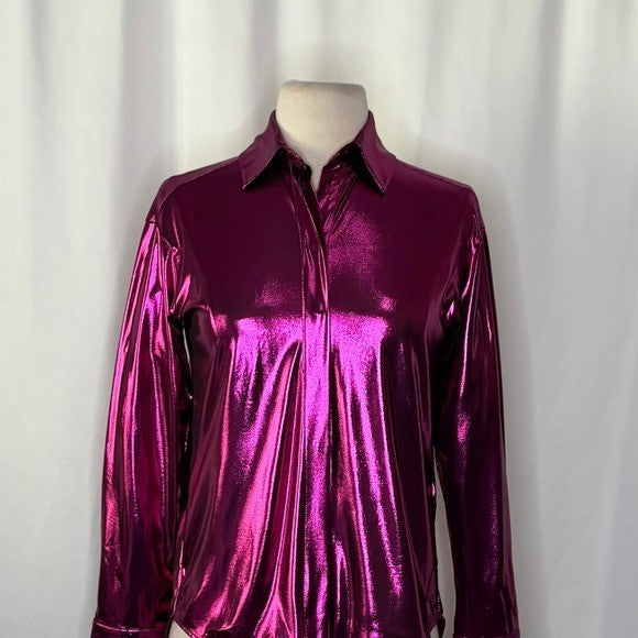 By ANTHROPOLOGIE Magenta Pink Shimmer Shine Lamé Buttondown Top Blouse X-Small