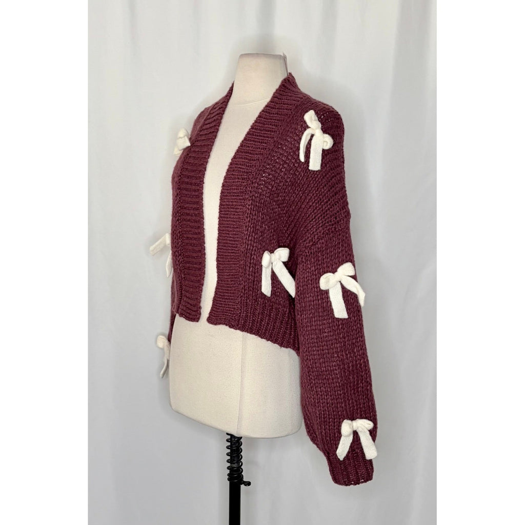 NWT!! Anthropologie MAEVE The Alicia 3D Bow Cropped Cardigan Dark Wine One Size