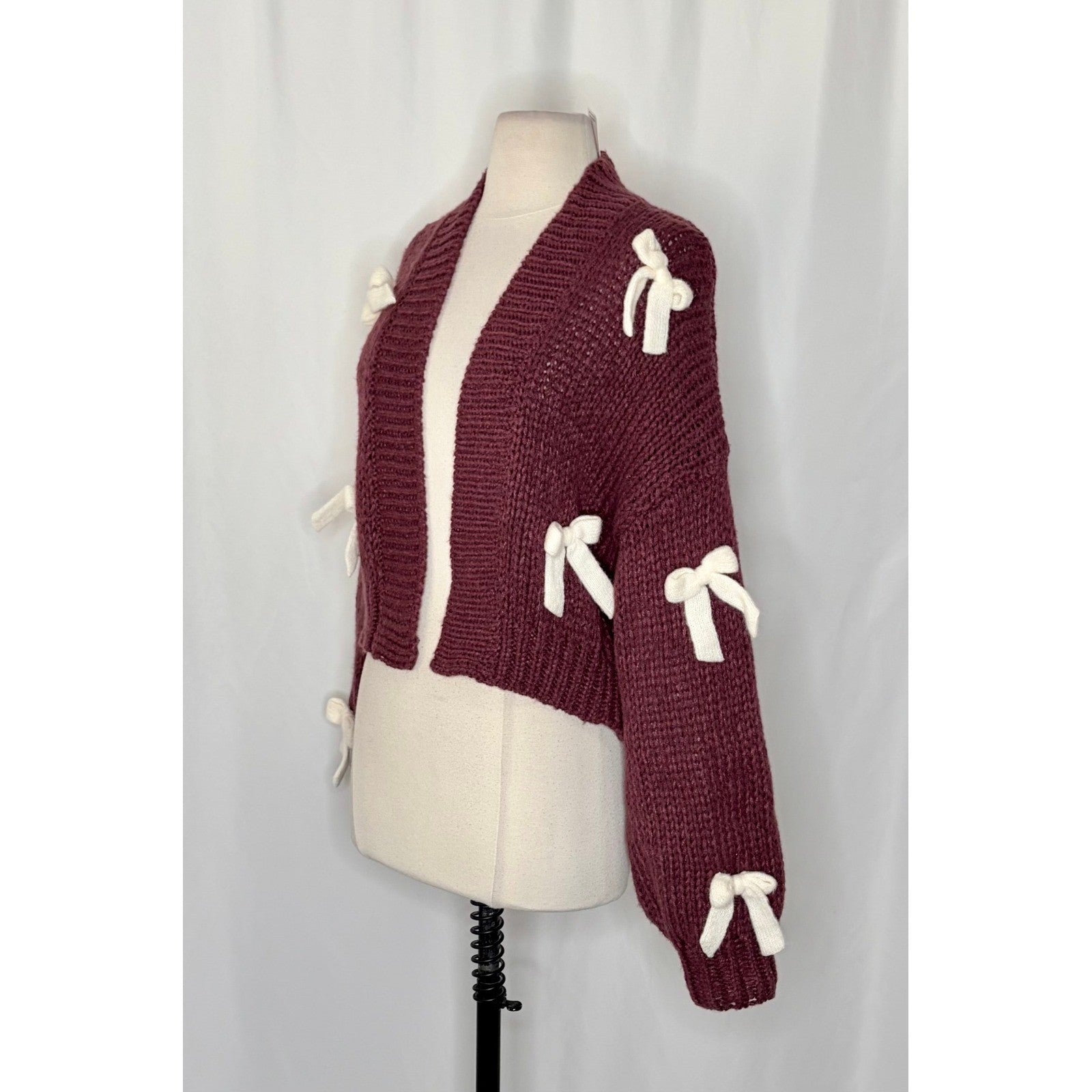 NWT!! Anthropologie MAEVE The Alicia 3D Bow Cropped Cardigan Dark Wine One Size