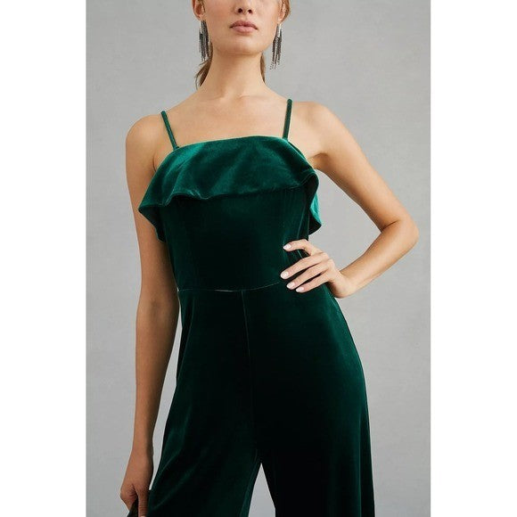 NWT!! Anthropologie COREY LYNN CALTER Green Velvet Wide Leg Jumpsuit X-Small