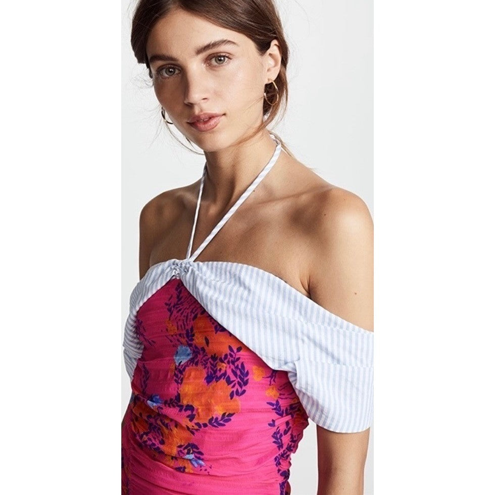 NWT!! TANYA TAYLOR Silk Virginia Dress Falling Floral Pink Striped Halter Size 0