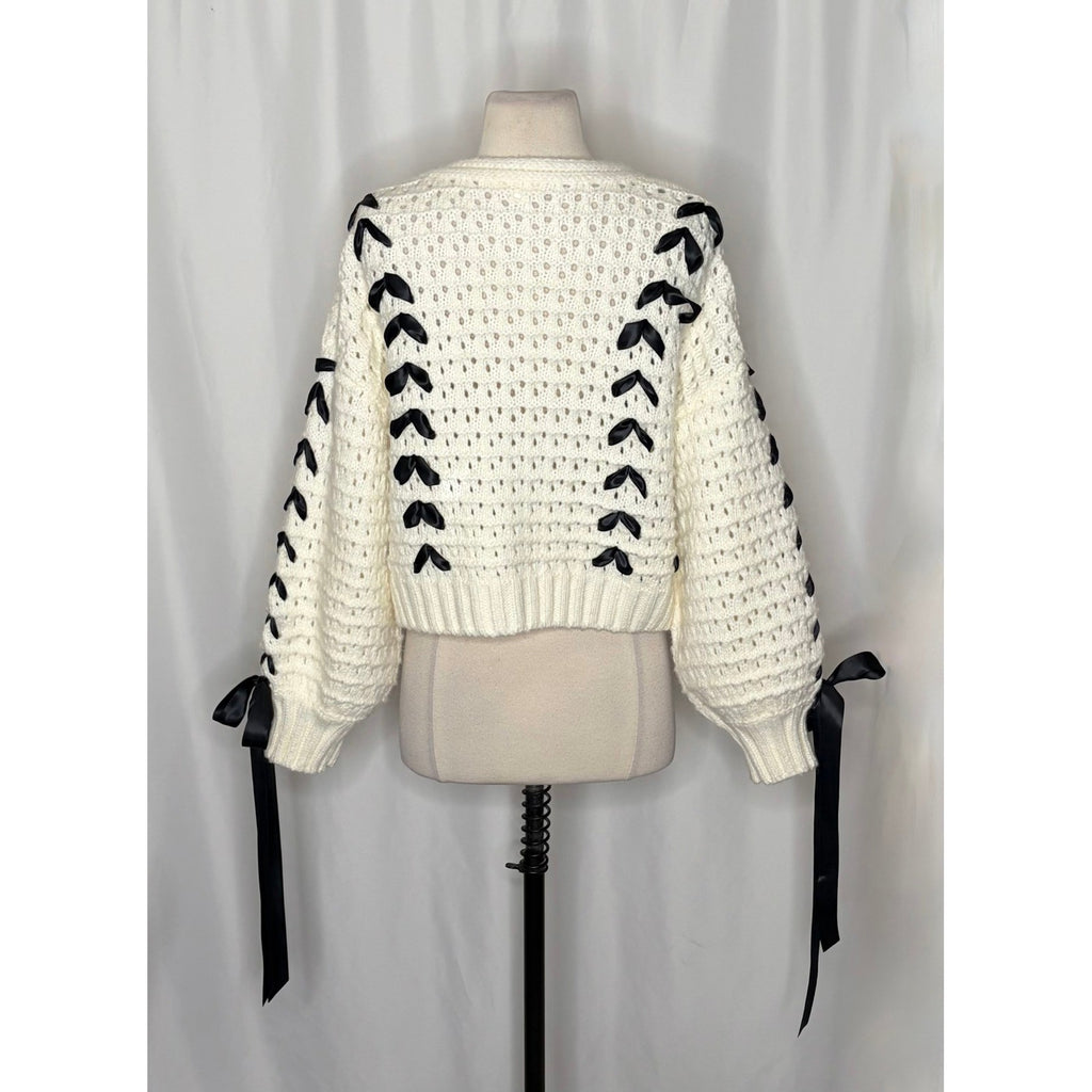 FOR LOVE & LEMONS Laurel Cardigan Sweater Office White Black Ribbons X-Small
