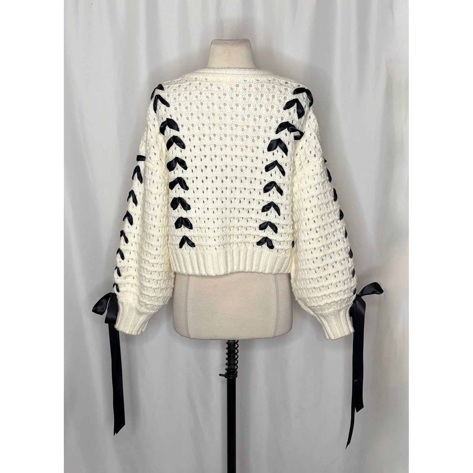 FOR LOVE & LEMONS Laurel Cardigan Sweater Office White Black Ribbons X-Small