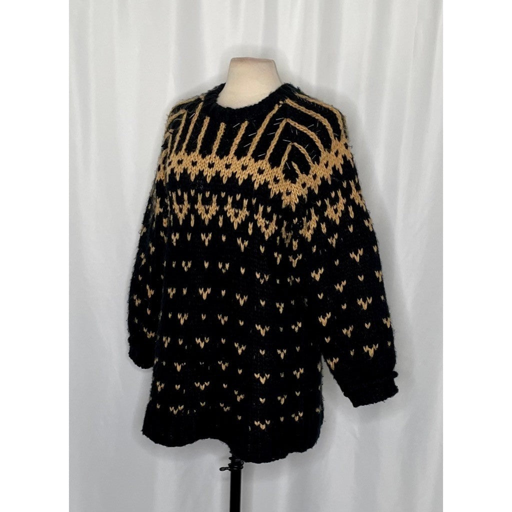 ZARA Limited Edition Beaded Jacquard Sweater Black Brown Oversized Chunky Small