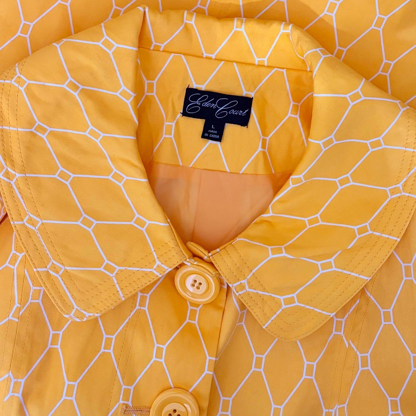 EDEN COURT Yellow White Geometric Print Coat Jacket Bell Sleeves Pockets Large