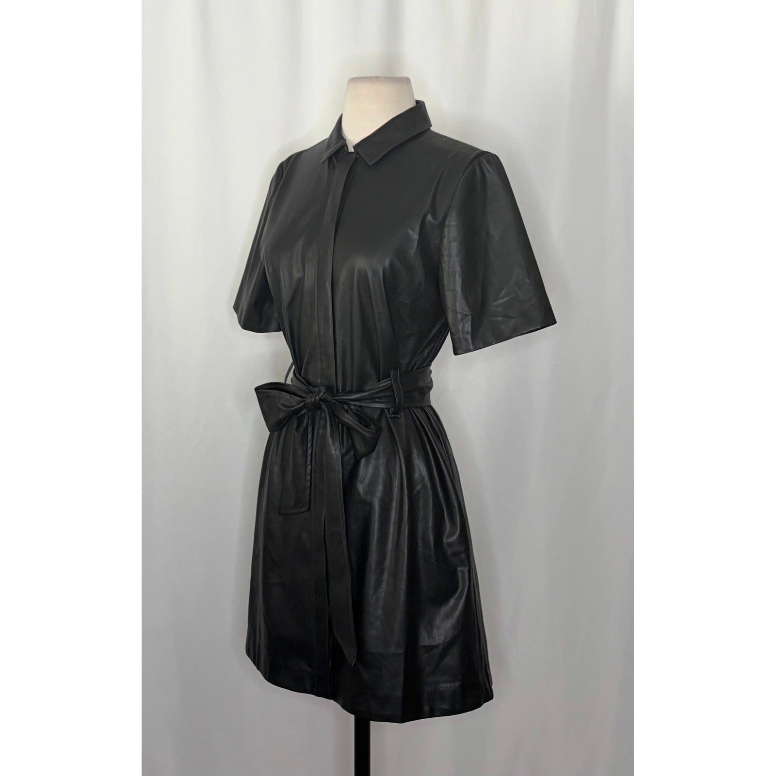 NWT!! J. CREW Solid Black Button Front Faux Leather Dress Belted Vegan Small