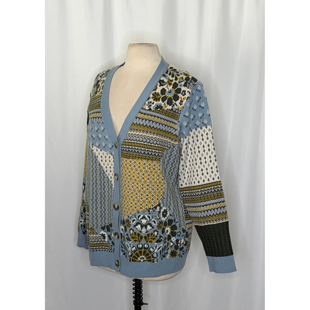 APPLESEED'S Patchwork Cardigan Sweater Floral Fairisle Fair Isle Geometric Large