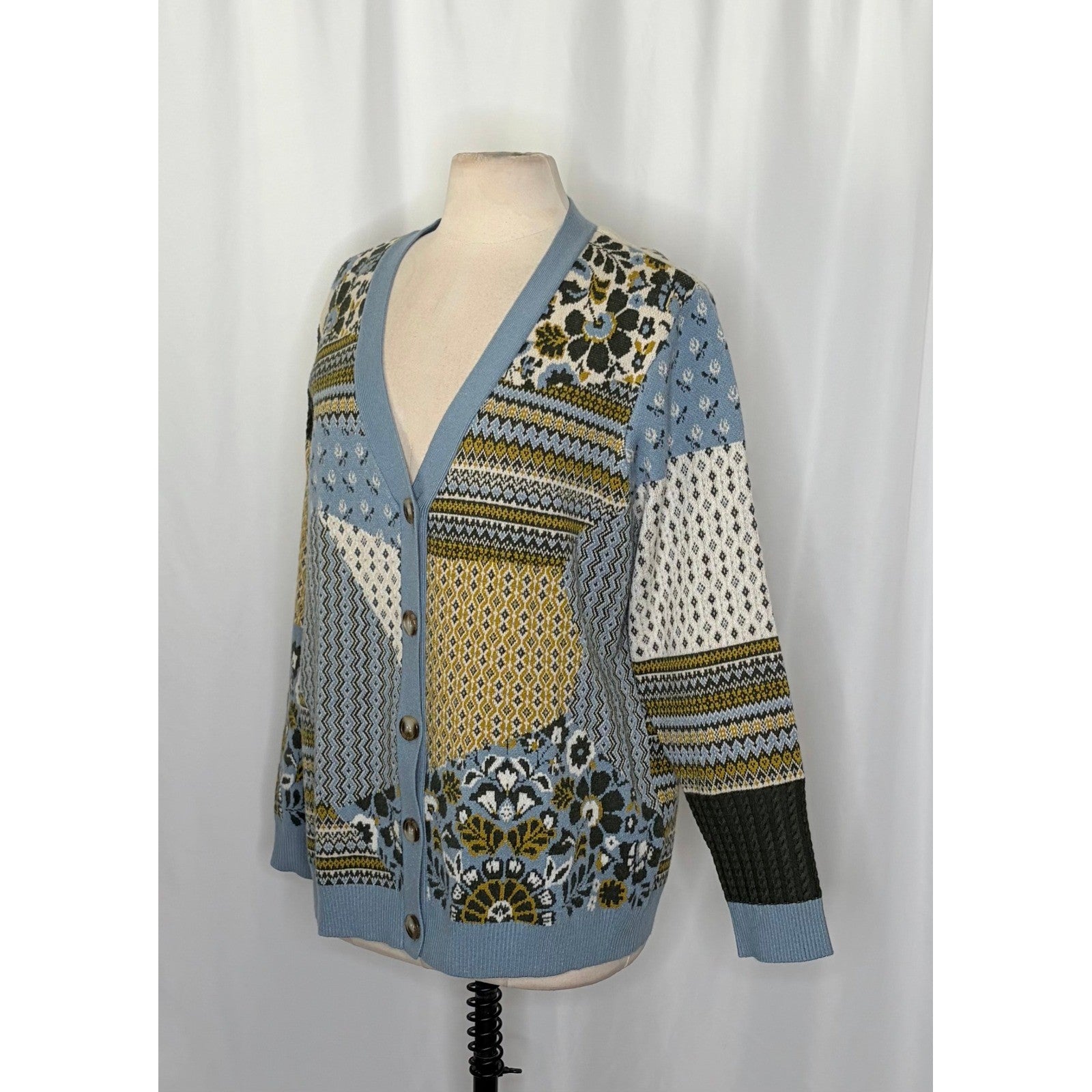 APPLESEED'S Patchwork Cardigan Sweater Floral Fairisle Fair Isle Geometric Large