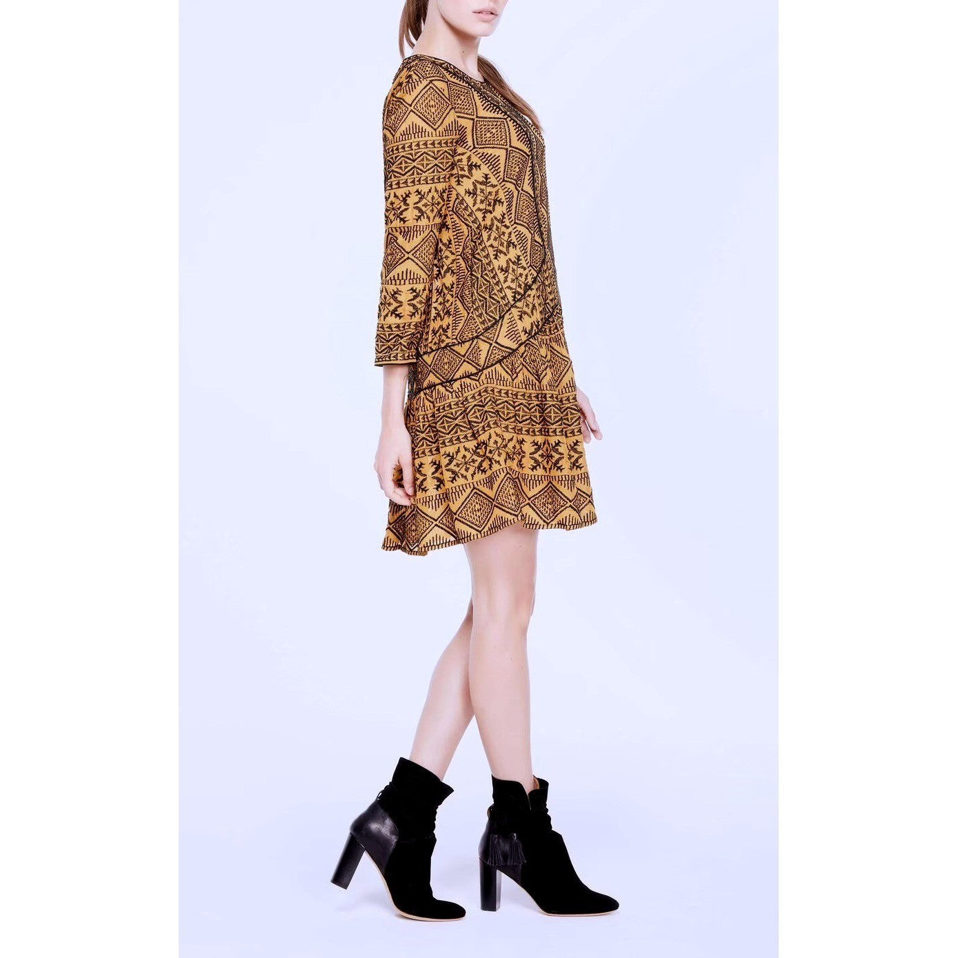 BA&SH Mara Embroidered Geometric Drop Waist Dress Golden Yellow Size 2 / Medium