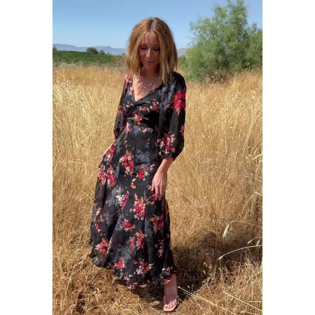 NWT!! BALTIC BORN Estefania Maxi Dress Black Floral Romantic Ruffle X-Small